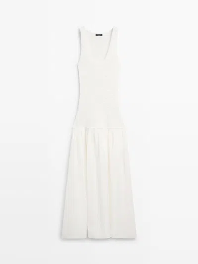 Massimo Dutti Vestido Largo Combinado Con Lino In White