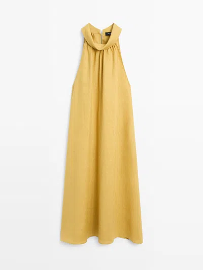 Massimo Dutti Vestido Largo Cuello Halter 100% Lino In Yellow
