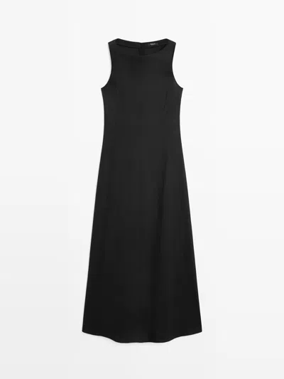 Massimo Dutti Vestido Largo Fluido Con Lino In Black