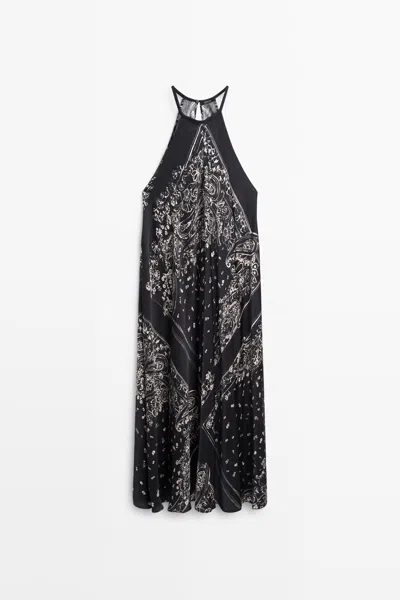 Massimo Dutti Vestido Largo Fluido Halter Paisley In Azul