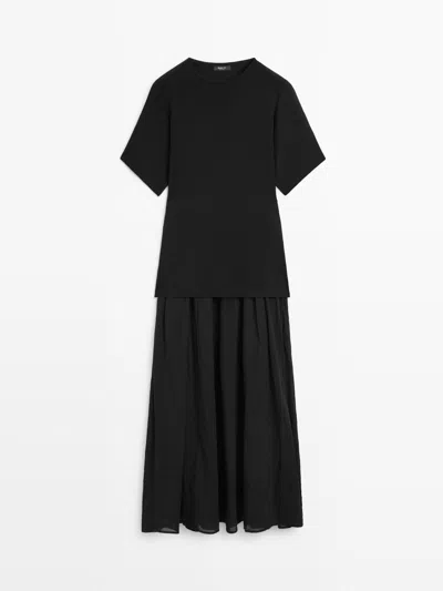 Massimo Dutti Vestido Largo Manga Corta Combinado In Black