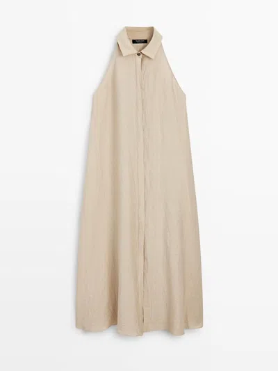 Massimo Dutti Vestido Midi Cuello Polo Con Lino In Yellow