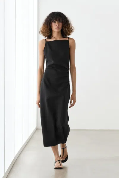 Massimo Dutti Vestido Midi De Alças Com Linho In Black