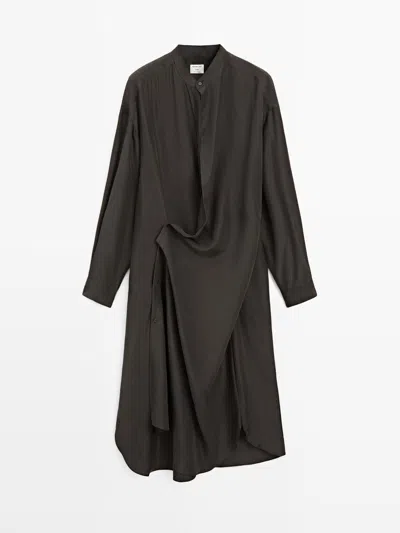 Massimo Dutti Vestido Midi Detalle Cierre 100% Seda In Brown