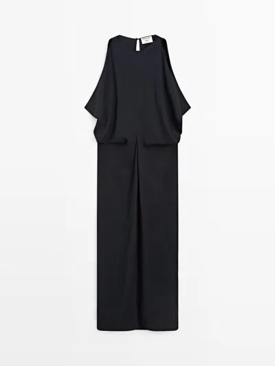 Massimo Dutti Vestido Midi Detalle Pliegues In Blue