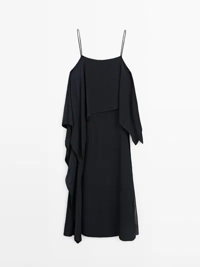 Massimo Dutti Vestido Midi Detalle Volante Asimétrico In Black