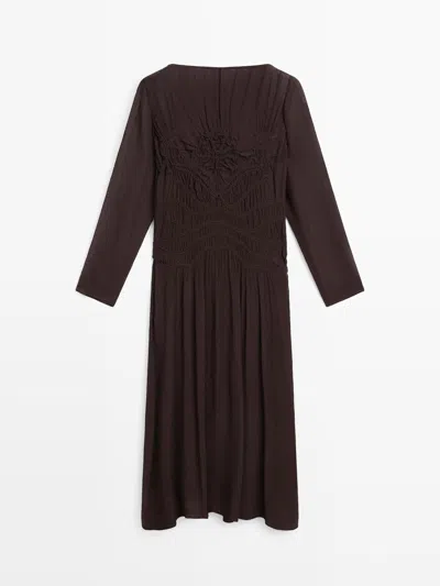 Massimo Dutti Vestido Midi Fluido Detalle Frunces In Brown