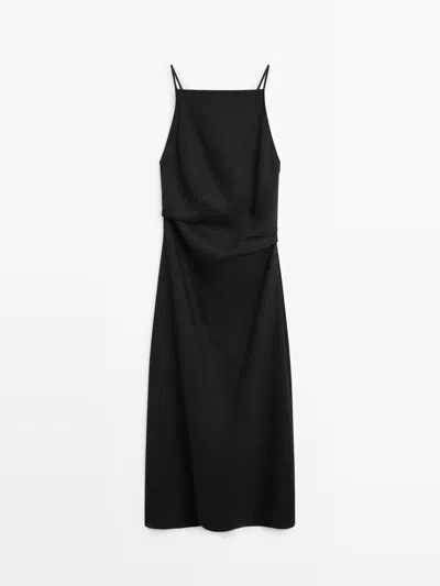 Massimo Dutti Vestido Midi Plisado Con Lino In Black