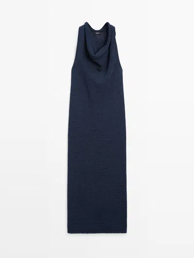 Massimo Dutti Vestido Midi Punto Escote Drapeado In Blue