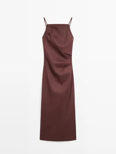 Massimo Dutti Vestido Midi Tirantes Con Lino Stretch In Brown