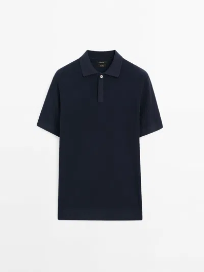 Massimo Dutti Waffle-knit Polo Sweater In Navy Blue