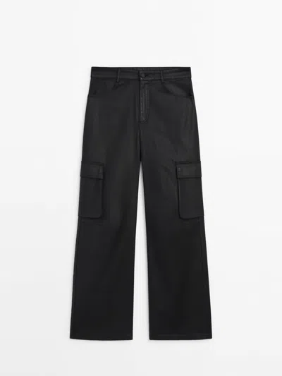 Massimo Dutti Waxed Cargo Trousers In Black