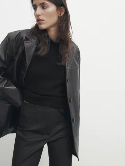 Massimo Dutti Waxed Trousers With Stitching Detail In Black
