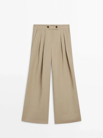 Massimo Dutti Wide-leg Trousers With Dart Details In Beige