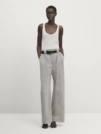 Massimo Dutti Wildlederhose Weit Bundfalten In Grau