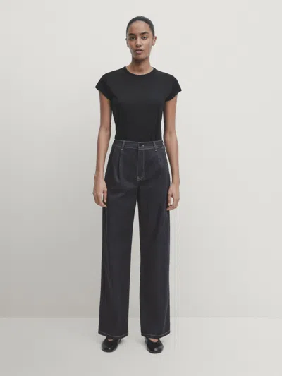 Massimo Dutti Wide-leg-jeans Mit Halbhohem Bund Und Bundfalten In Dunkelgrau