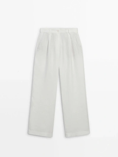 Massimo Dutti Wide-leg Linen Trousers In Gebrochen Weiss