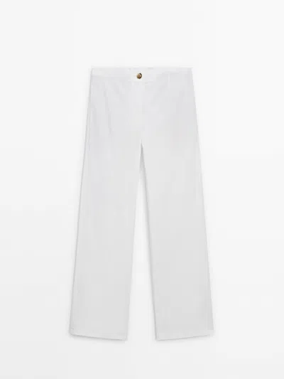 Massimo Dutti Wide-leg Low-rise Straight-fit Trousers In Cream