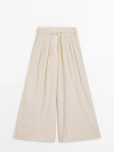 Massimo Dutti Wide-leg Satin Trousers With Pleats In Peach
