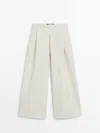 Massimo Dutti Wide-leg Trousers With Darts And Hem Seam Detail In Cream