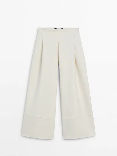 Massimo Dutti Wide-leg Trousers With Darts And Hem Seam Detail In Cream