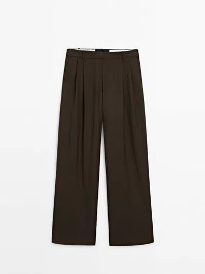 Massimo Dutti Wide-leg Trousers With Darts In Cream