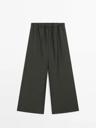 Massimo Dutti Wide-leg Trousers With Elastic Waistband In Green