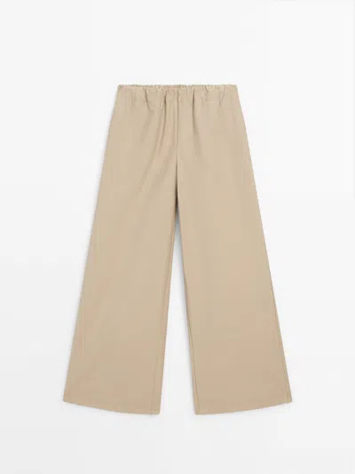 Massimo Dutti Wide-leg Trousers With Elastic Waistband In Sand
