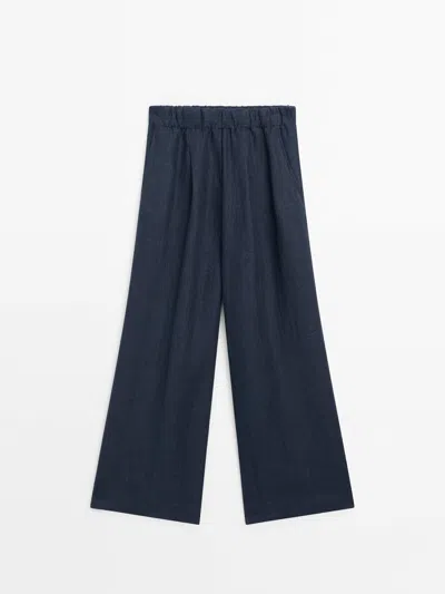 Massimo Dutti Wide-leg Trousers With Elasticated Waistband In Navy Blue