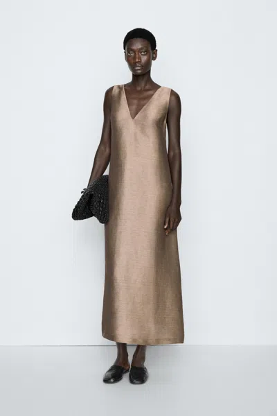 Massimo Dutti Robe Midi À Bretelles Larges In Pierre