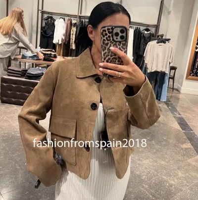 Pre-owned Massimo Dutti Woman Suede Leather Jacket With Pockets Washed Xs-l 4716/826 In Beige