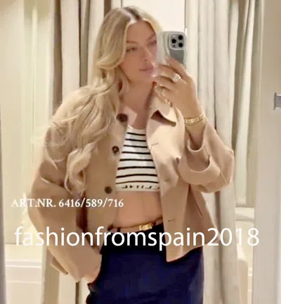 Pre-owned Massimo Dutti Woman Wool Blend Jacket With Shirt Collar Camel Xs-l 6447/679 In Beige