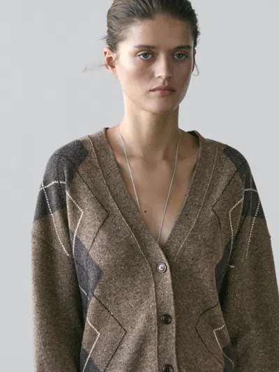 Massimo Dutti Wool Argyle Knit Cardigan In Nude