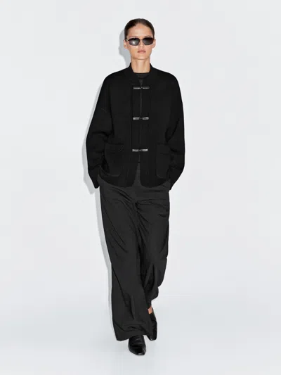 Massimo Dutti Wool Blend Knit Cardigan With Stand Collar In Black