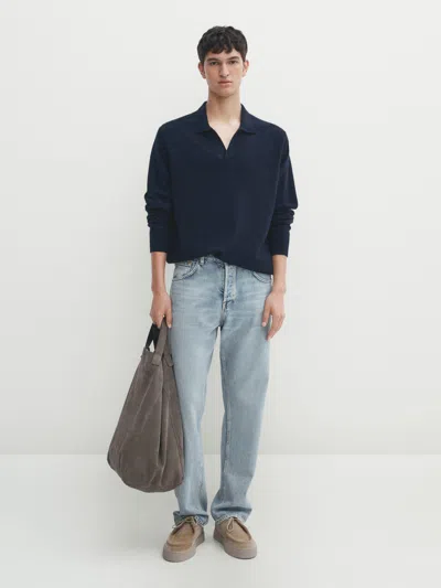 Massimo Dutti Strickpullover Im Polo-stil Aus Wollgemisch In Navy Blue