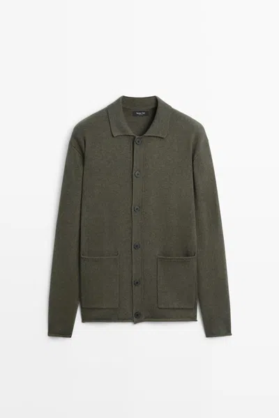Massimo Dutti Cardigã De Malha Com Gola De Polo E Lã In Caqui