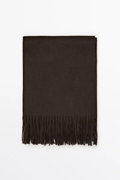 Massimo Dutti Wool Blend Scarf With Fringing In Brown