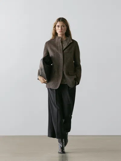 Massimo Dutti Wool Blend Twill Coat With High Collar In Brown