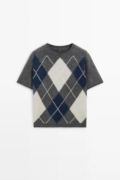 Massimo Dutti Wool Cashmere Argyle Short Sleeve Knit Sweater In Grijs