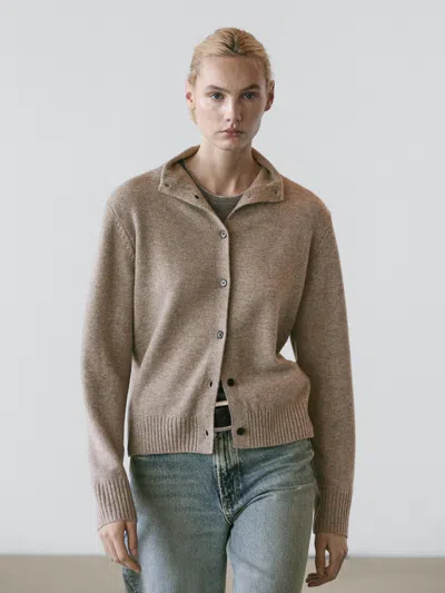 Massimo Dutti Wool High Neck Knit Cardigan In Brown