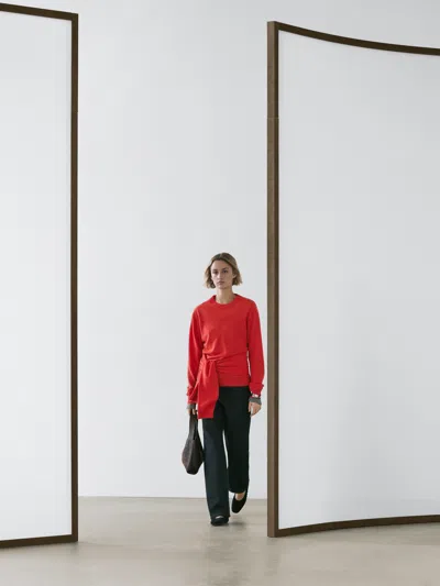 Massimo Dutti Wool Knit Sweater With Waist Detail In Red