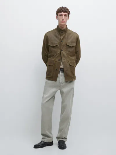 Massimo Dutti Worn Effect Goatskin Leather Jacket In Brown