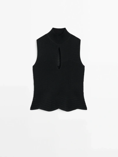 Massimo Dutti Zigzag Knit Mock Turtleneck Top In Black