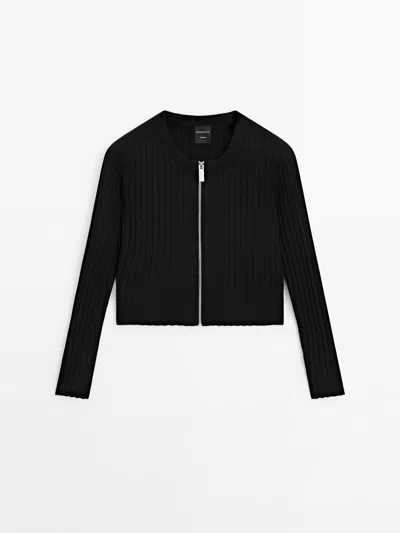 Massimo Dutti Zip-up Knit Cardigan In Black