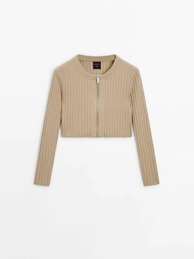 Massimo Dutti Zip-up Knit Cardigan In Camel
