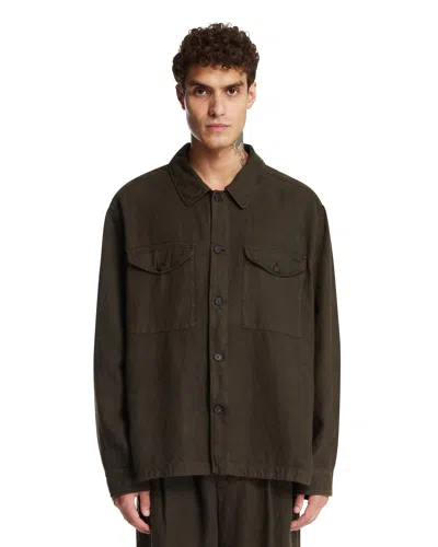 Massimo Osti Studio Green Emerized Linen Overshirt In Animal Print