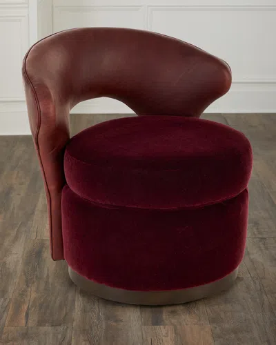 Massoud Barrington Leather & Mohair Swivel Chair In Red
