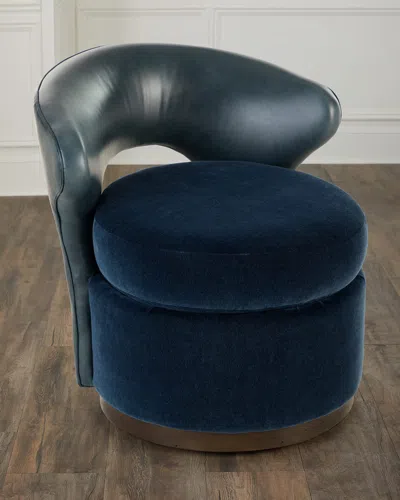 Massoud Bickford Leather & Mohair Swivel Chair In Blue