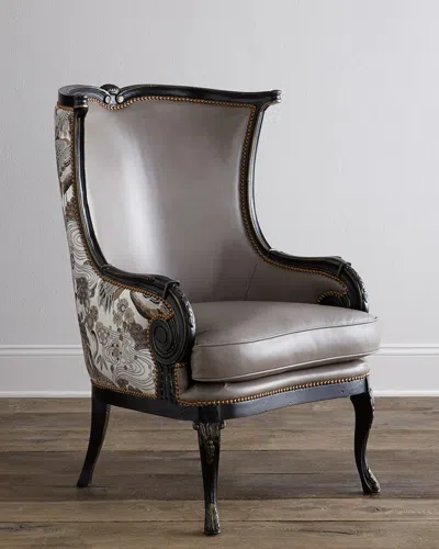 Massoud Candice Leather Wing Chair In Light Grey