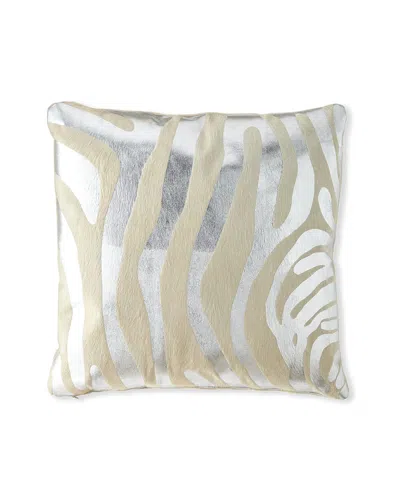Massoud Metallic Hair Hide Zebra Pillow, 22"sq. In Silver